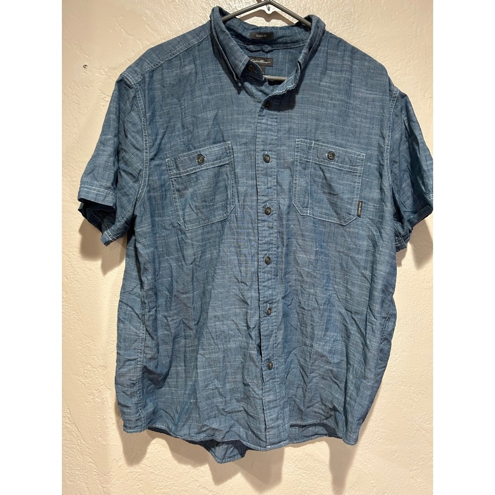Eddie Bauer Mens XL Short Sleeve Button Down Shirt Blue‎ Classic Fit Cotton